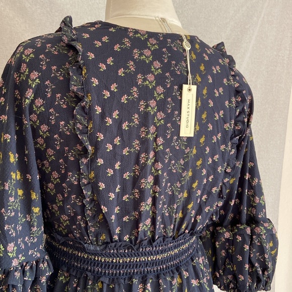 MAX STUDIO DARK BLUE,PUFF SLEEVE SMOCKED
EMPIRE WAIST DRESS. Size M - Picture 9 of 15